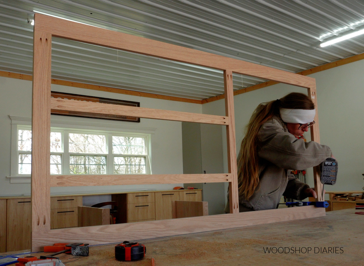 Shara Woodshop Diaries building face frame for bathroom vanity frame on workbench in workshop