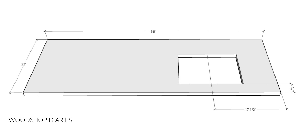 Countertop dimensional diagram showing overall size and sink location