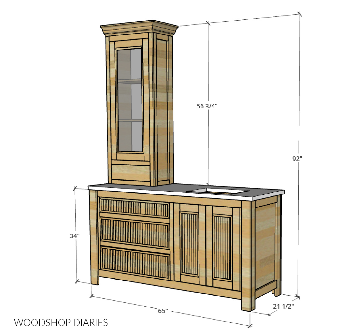 Overall dimensional diagram of bathroom vanity with off center sink including tall cabinet