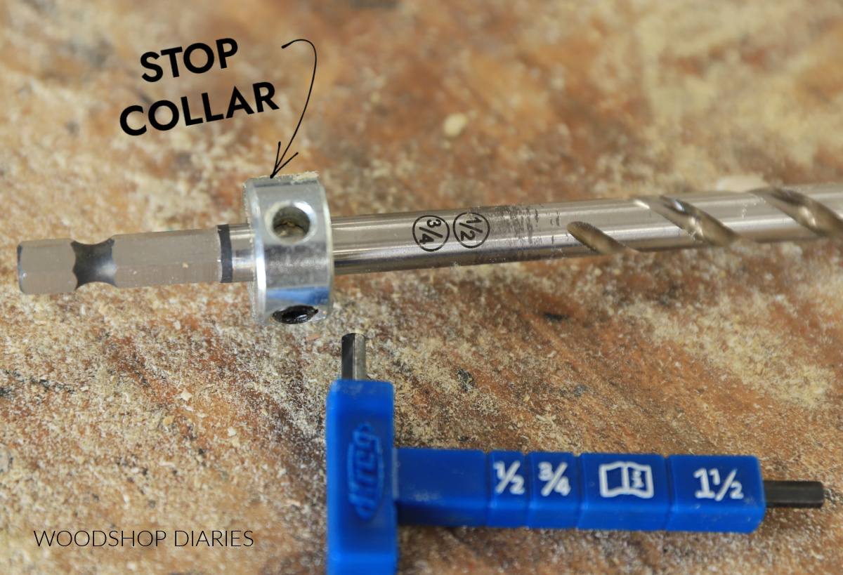 Close up of easy set pocket hole drill bit showing stop collar and ½" and ¾" markings