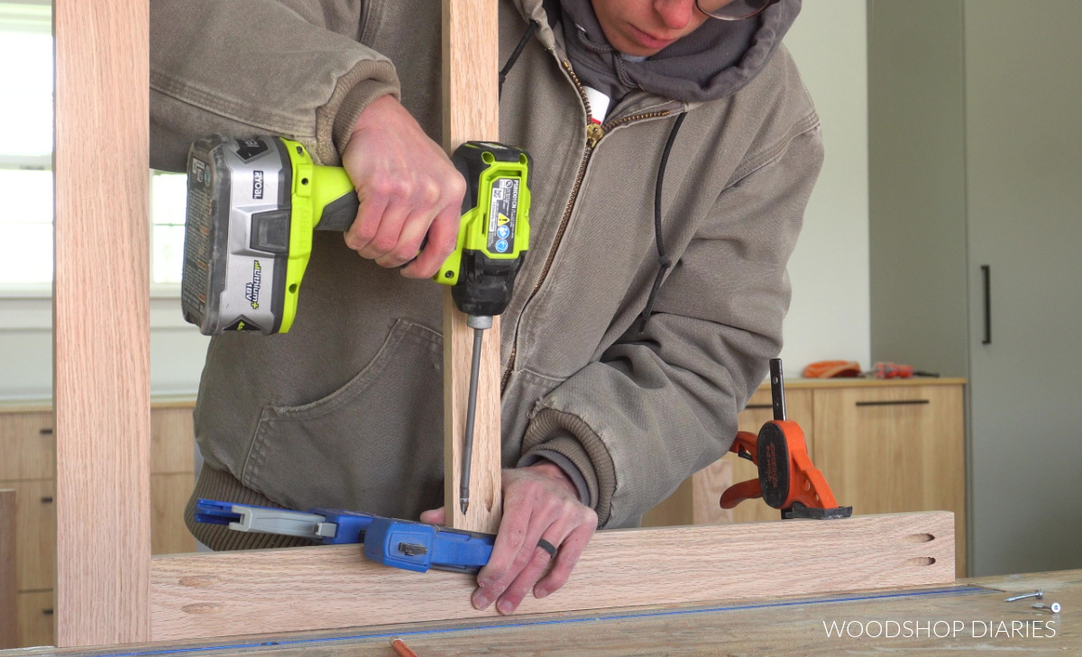 Shara Woodshop Diaries driving pocket hole screws in micro pocket holes on oak face frame