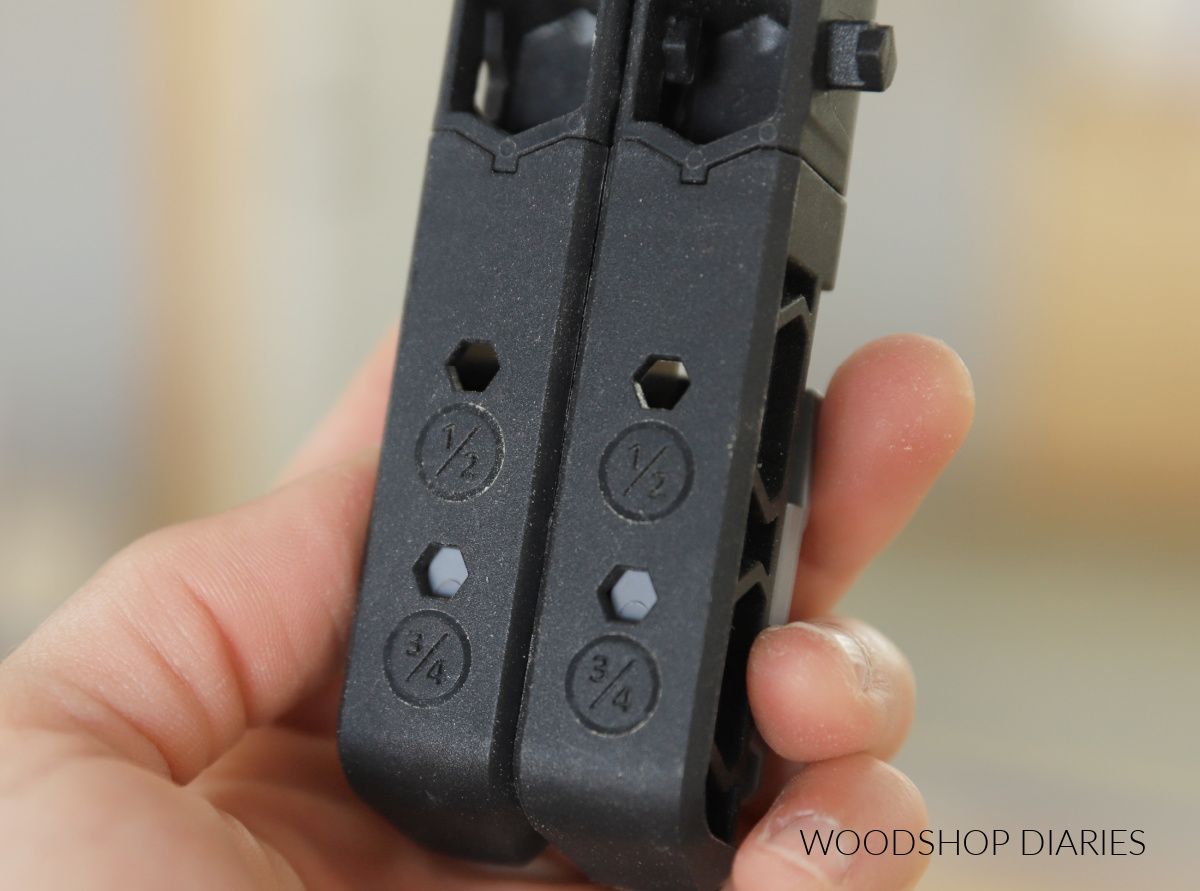 Close up of board thickness indicators on front of Kreg Micro Jig showing set for ¾" thick material