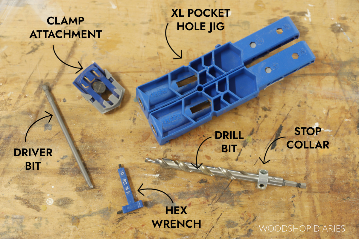 Parts of Kreg XL Pocket hole jig with text and arrows pointing out each accessory