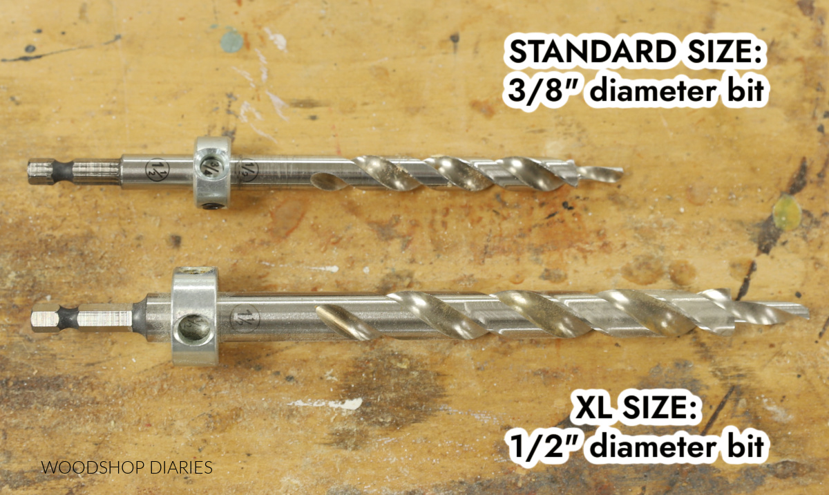standard vs XL pocket hole jig drill bits side by side for size comparison