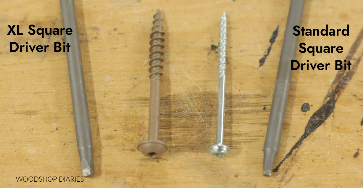 standard and XL washer head screws side by side with square drive bits