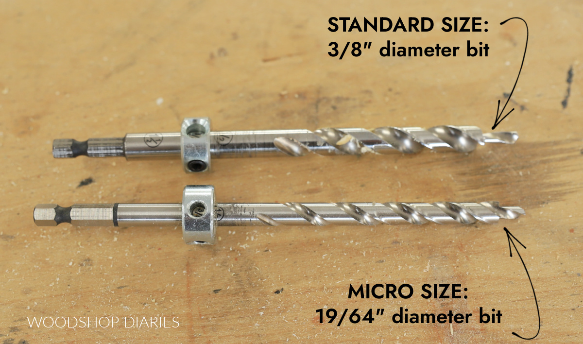 Standard pocket hole drill bit next to micro pocket hole drill bit showing size comparison