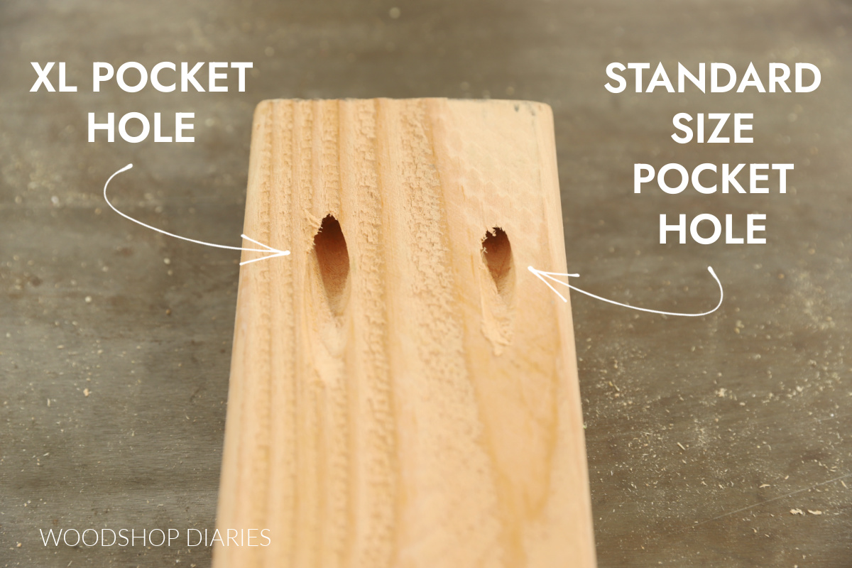 XL pocket hole screw and standard size pocket hole screw drilled into same board showing size difference