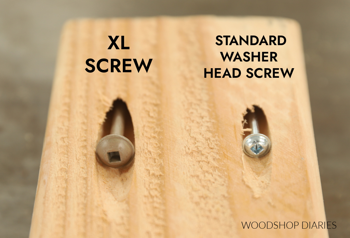 XL pocket hole screw and standard washer head pocket hole screw side by side size comparison