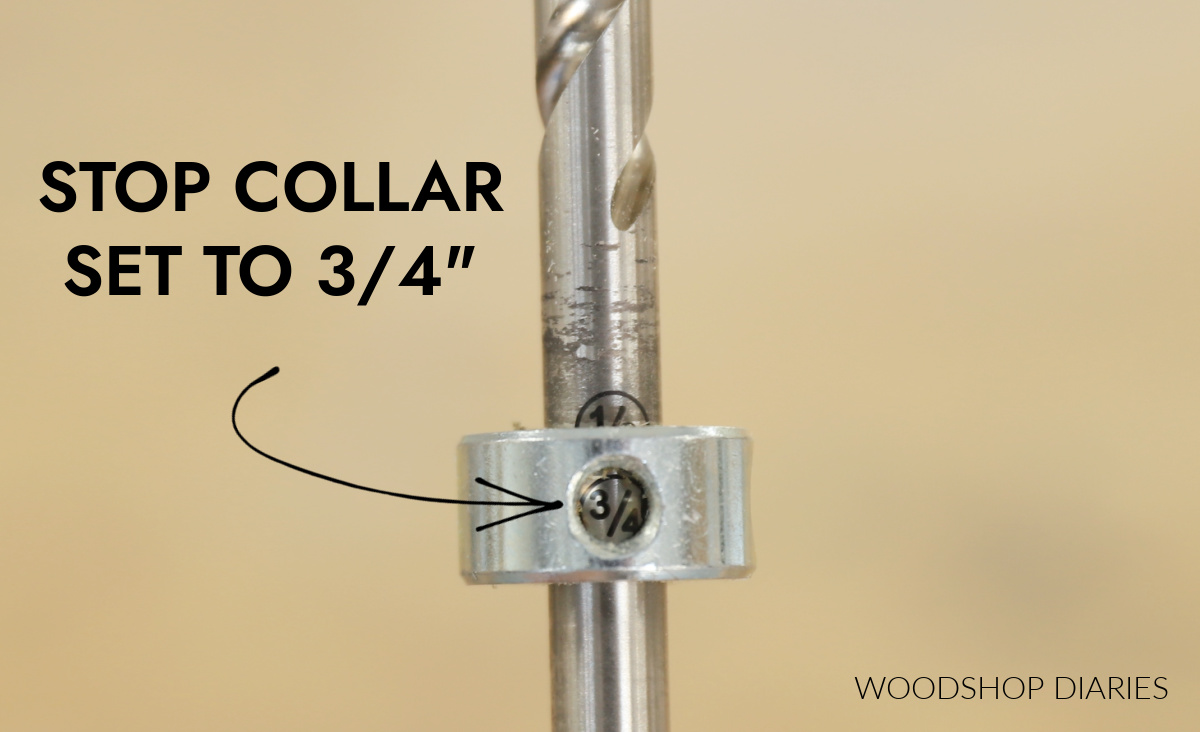 Close up of pocket hole drill bit with stop collar set to ¾"