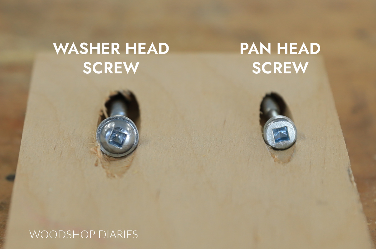 Close up of washer head vs pan head pocket hole screws showing size difference