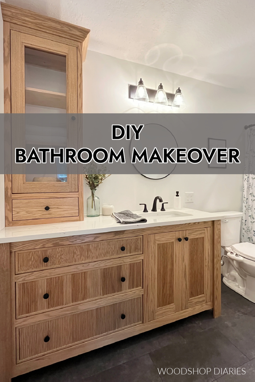 DIY Bathroom makeover pin image showing completed bathroom with text on top