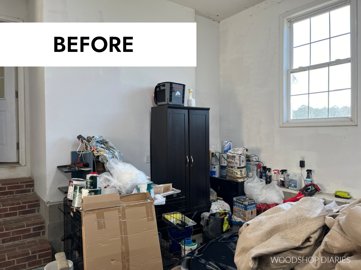 Garage makeover before image with cluttered paint cans and other items scattered on the floor