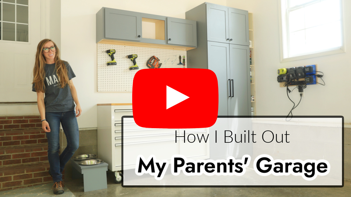 YouTube thumbnail image showing garage makeover with text "how I built out my parents' garage"