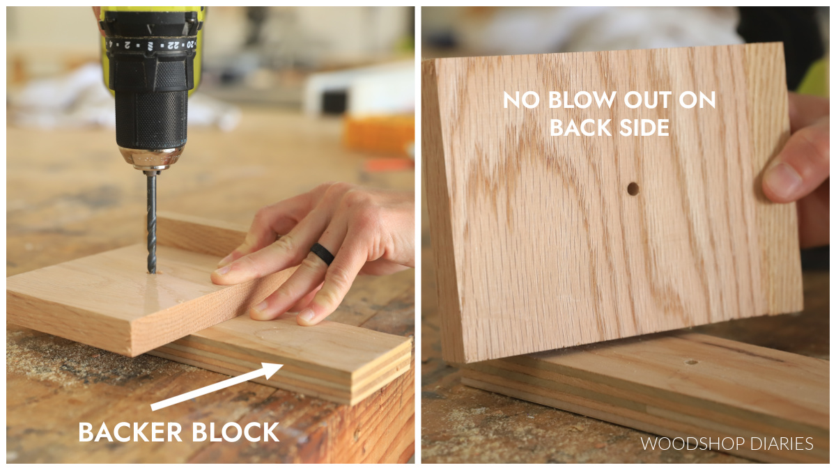 Collage image showing drilling hole in board with backer block on left and showing hold drilled with no blow out on back side on right
