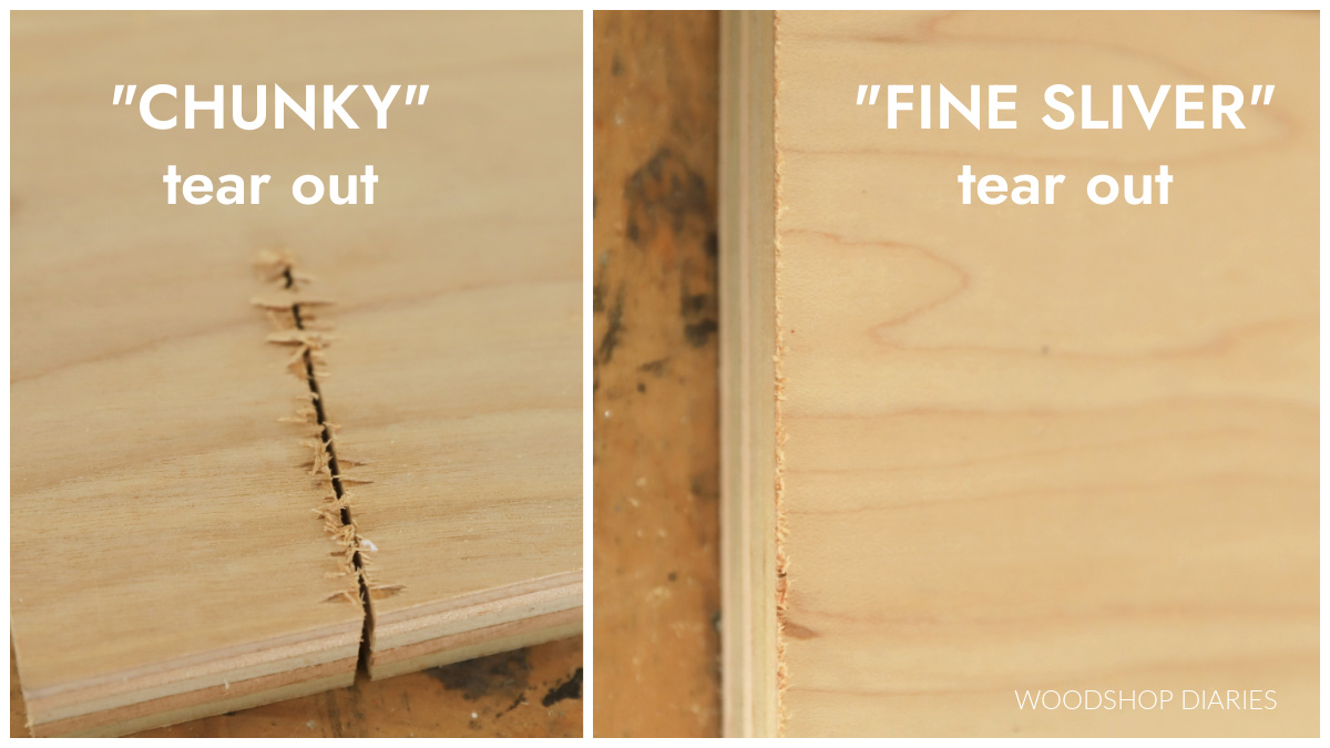 Collage image showing "chunky" tear out on left and fine tear out on right