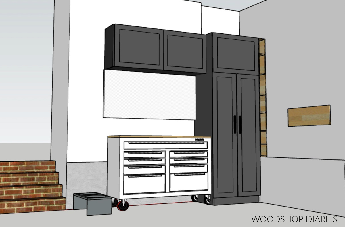 Sketchup image of garage storage and organization makeover idea