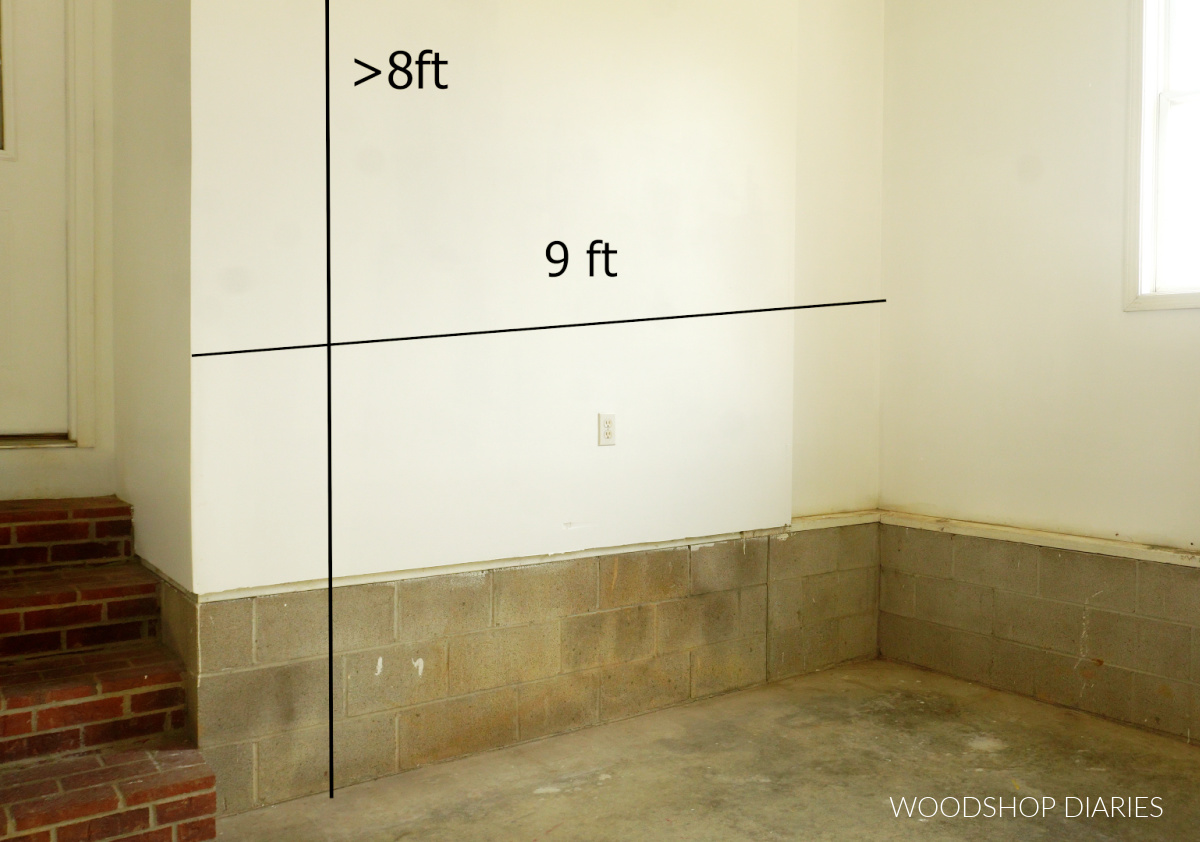 Garage wall with dimensions noted on the width and height