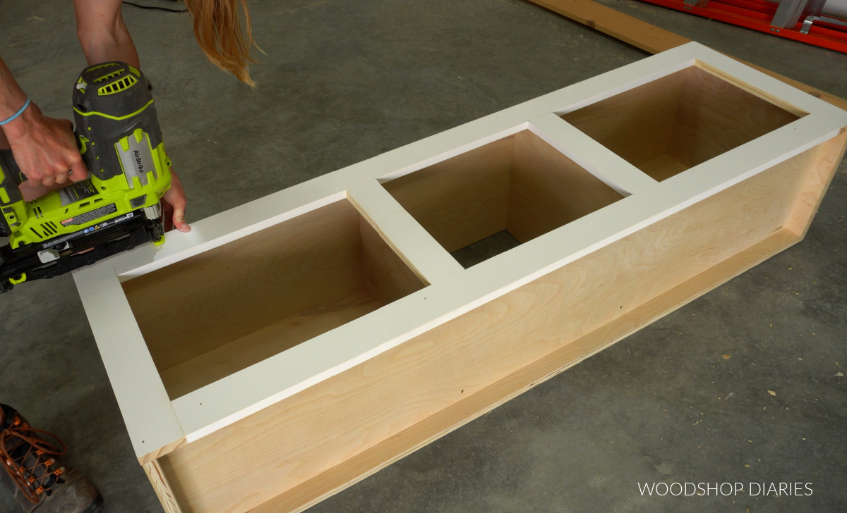 Shara Woodshop Diaries nailing face frame onto cabinet
