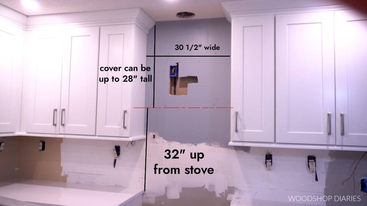kitchen with white cabinets installed showing dimensions of space available for custom range hood between cabinets