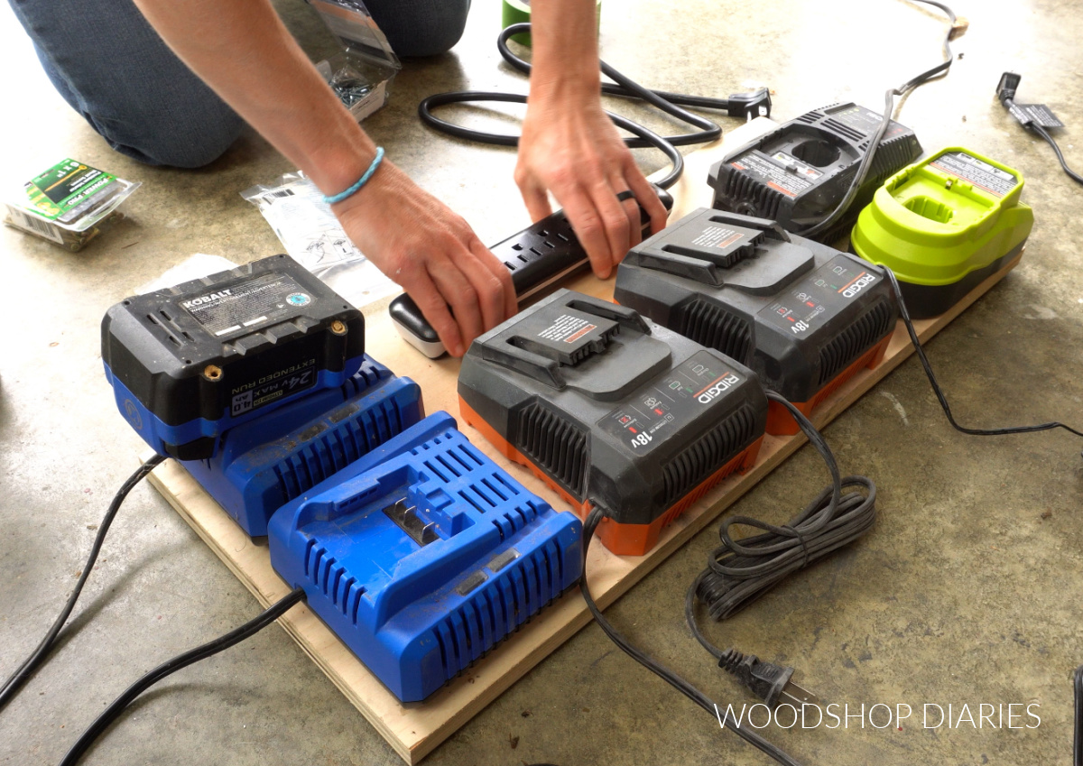 attaching power strip to battery charger board 