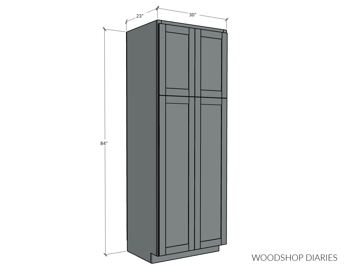 Diagram showing pantry cabinet overall dimensions--84" tall, 23" deep, 30" wide.
