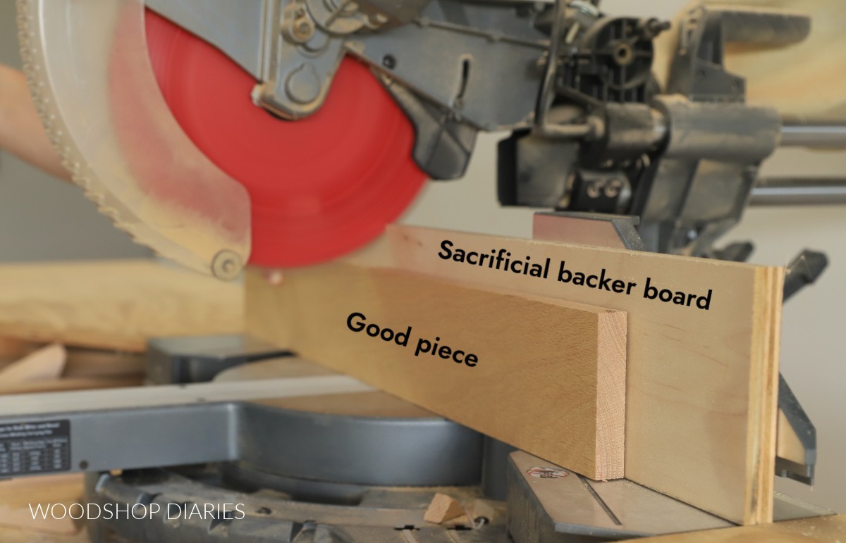 Miter saw with sacrificial backer board and good piece being cut at same time