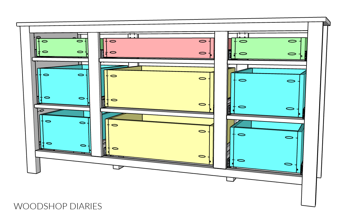 Color coded diagram of 9 drawer dresser to differentiate between various sizes