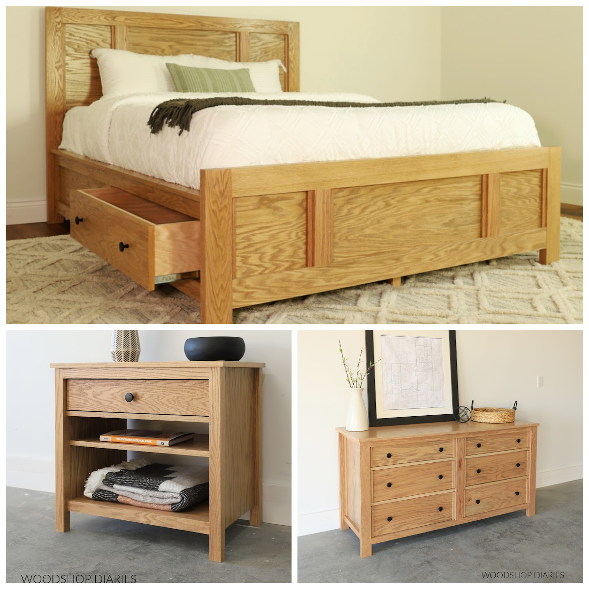Collage image showing matching storage bed, nightstand, and 6 drawer dresser collection
