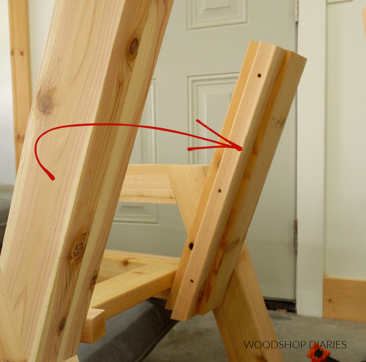 Close up of 2x2 back slat supports installed on DIY chaise lounge back posts