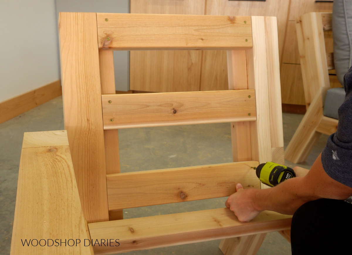 Shara Woodshop Diaries securing back slats to 2x2 supports on chaise lounge chair
