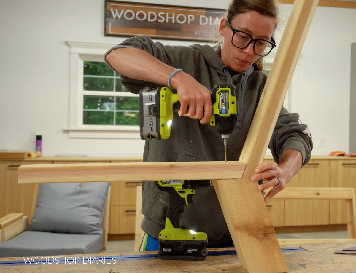 Shara Woodshop Diaries installing 4x4 leg to middle support brace