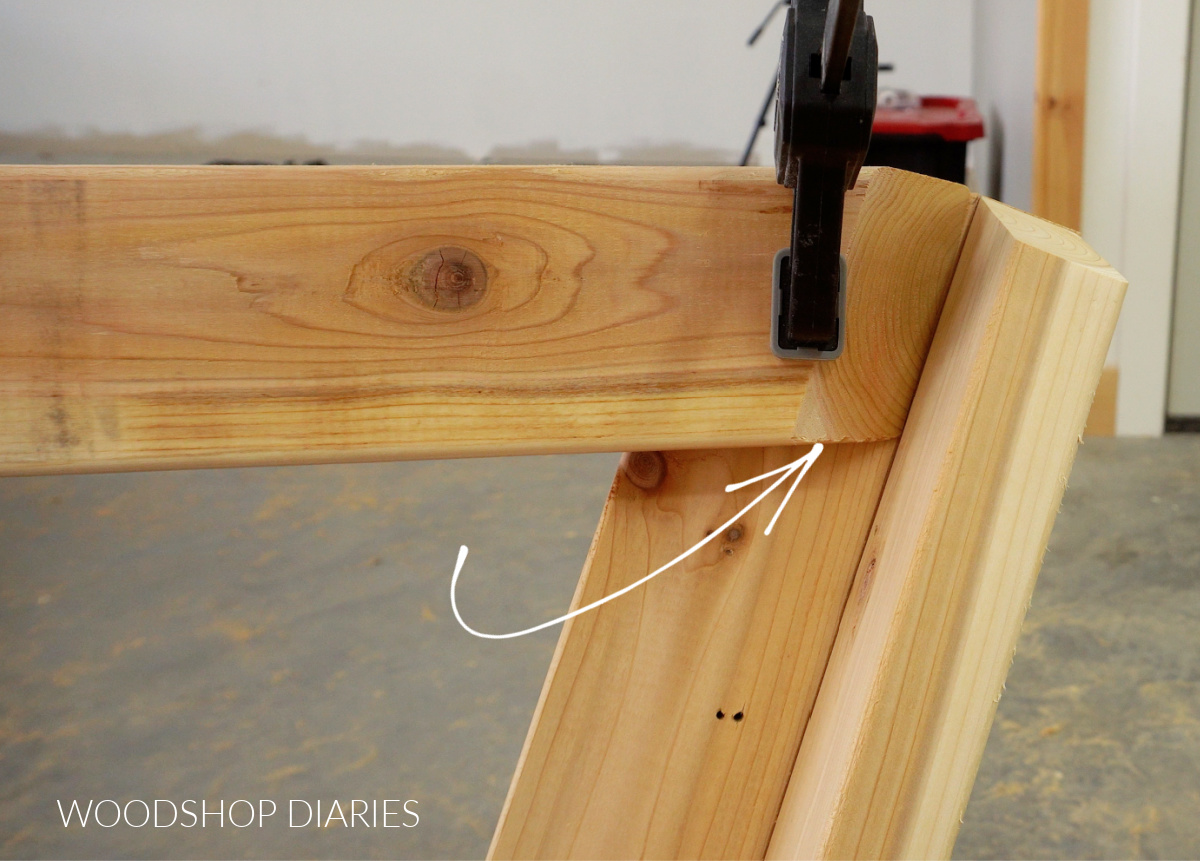 Close up of end of board mitered 20 degrees and beveled 45 degrees