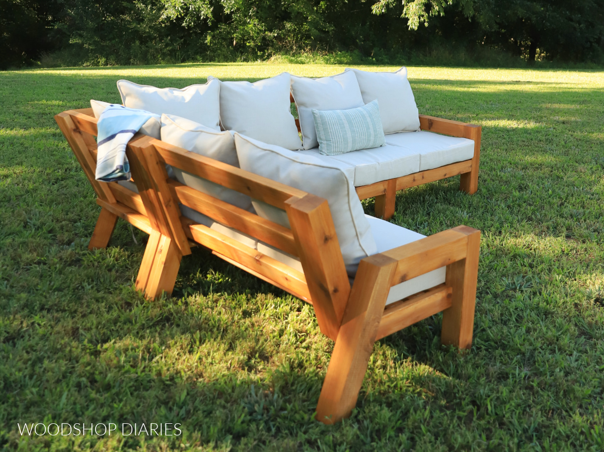 Back view of DIY modular outdoor sectional with cushions in yard