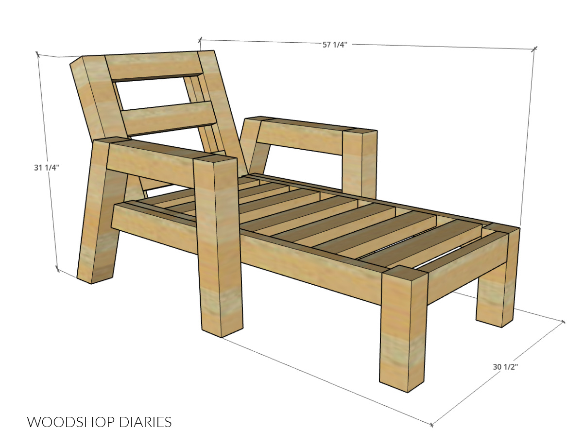 Dimensional diagram of DIY outdoor chaise lounge chair showing overall dimensions