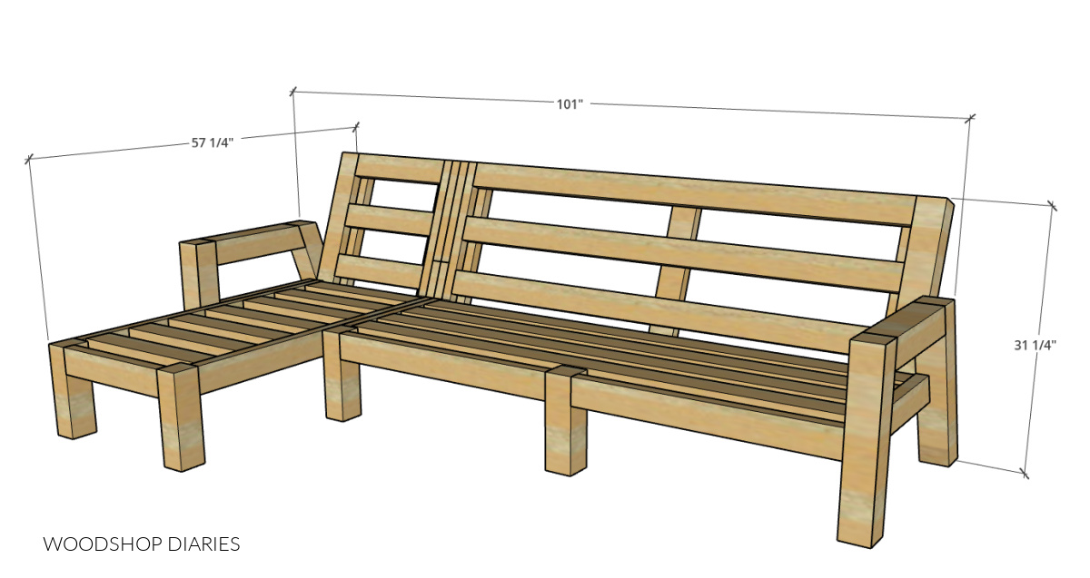 Overall dimensional diagram of DIY outdoor chaise sectional