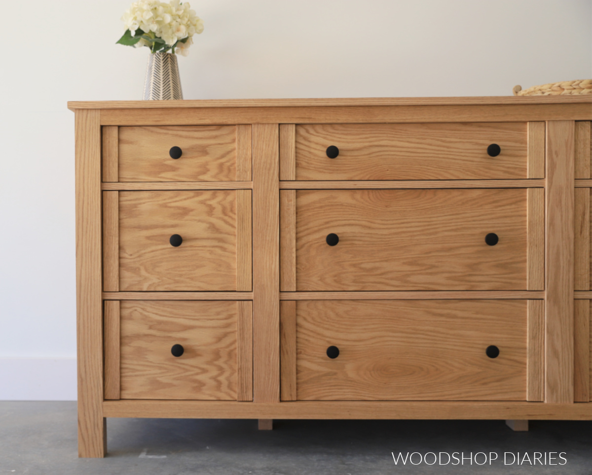 Close up of left side of DIY 9 drawer dresser build