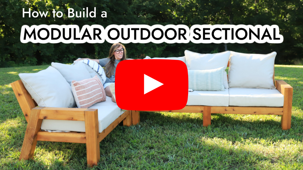 YouTube thumbnail with photo of DIY outdoor sectional with text "how to build a modular outdoor sectional"