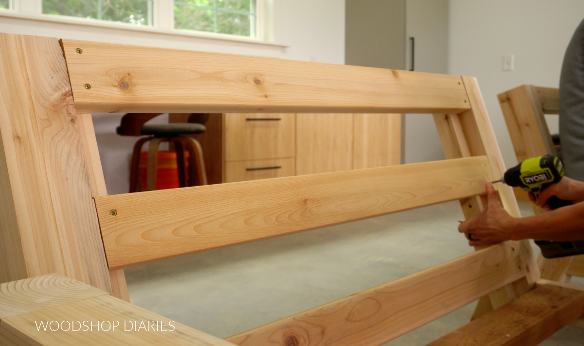 Shara Woodshop Diaries installing back slats onto 2 seater outdoor sectional