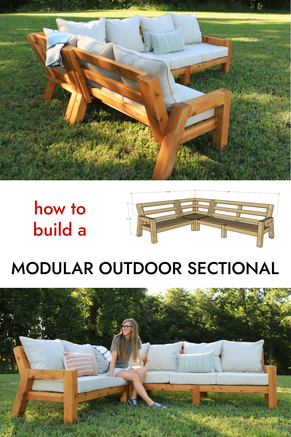 Pinterest collage image showing front and back views of sofa with text "how to build a modular outdoor sectional"