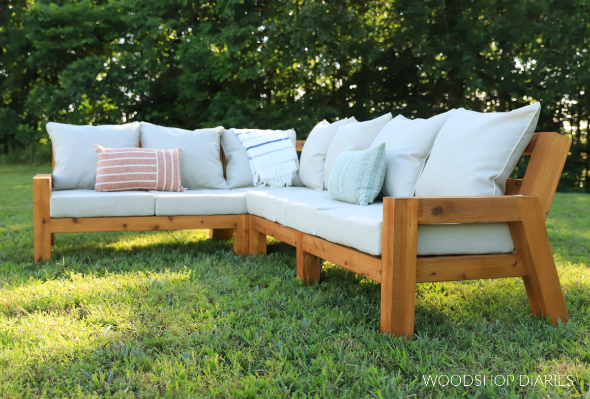 DIY modular outdoor sectional finished with cushions sitting in yard