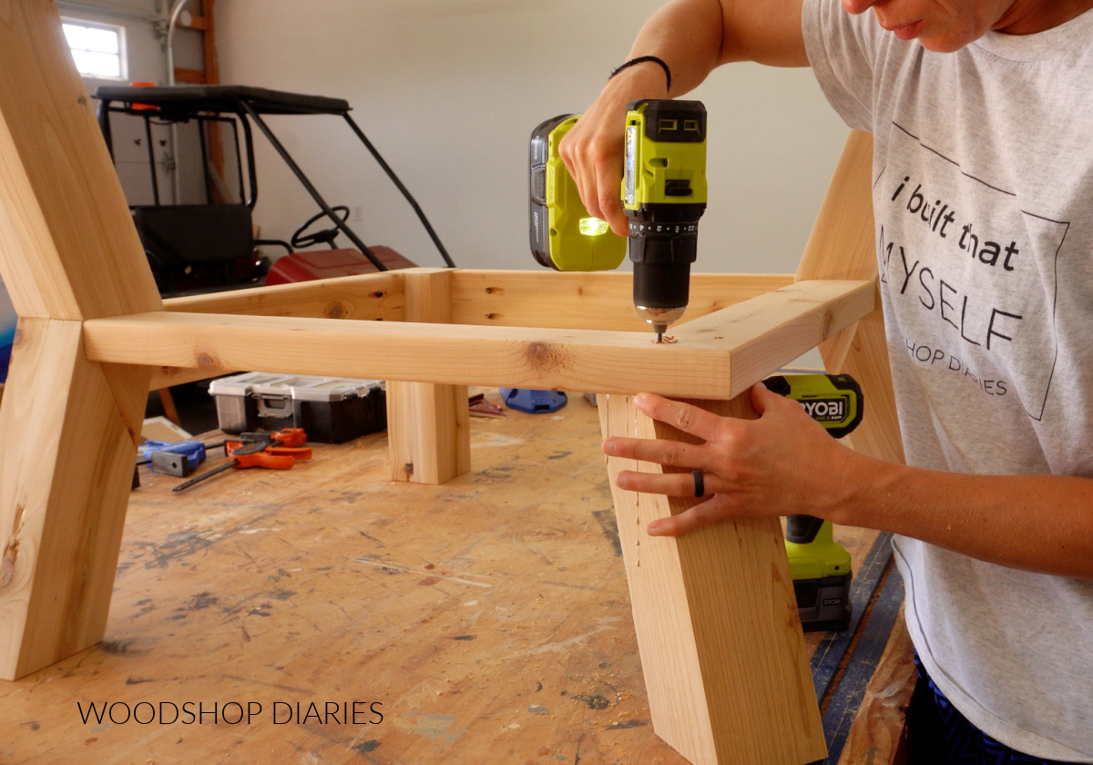 Shara Woodshop Diaries attaching back corner leg to sectional chair