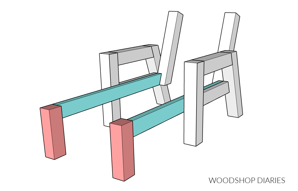 Diagram showing how to attach chaise lounge seat supports to front legs