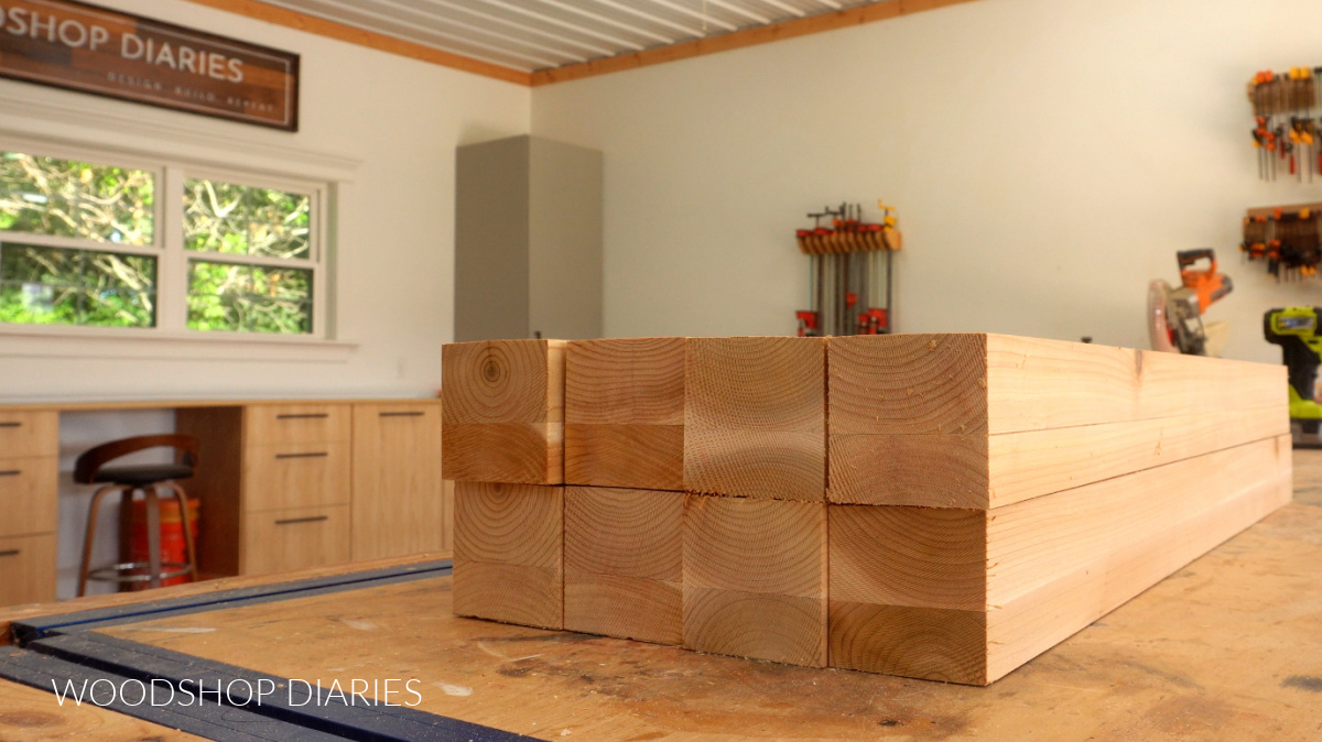 cedar 2x4s glued into vanity legs stacked on workbench