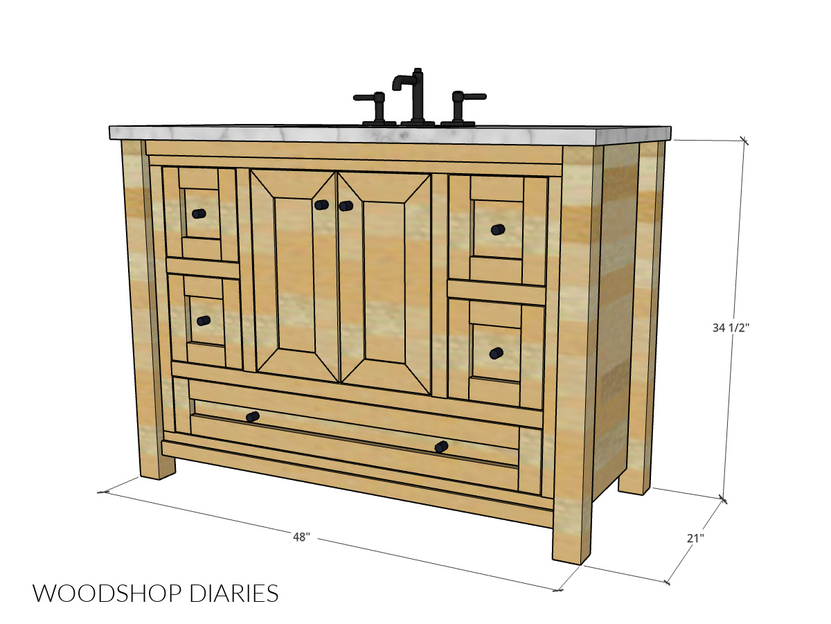 Dimensional diagram of single sink vanity cabinet
