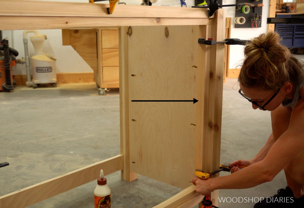 Shara Woodshop Diaries attaching 2x2 trim to front of vanity cabinet