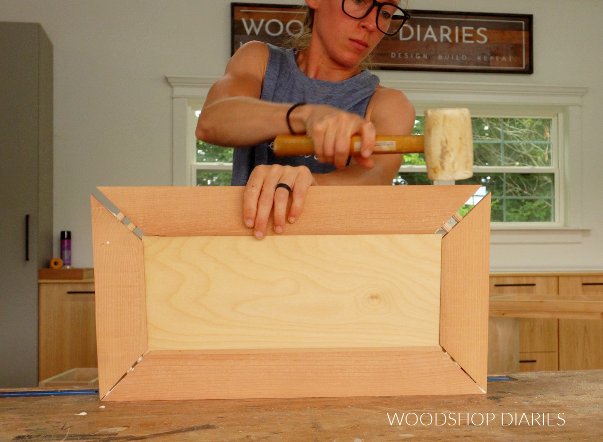 Shara Woodshop Diaries assembling cedar cabinet door with dowels