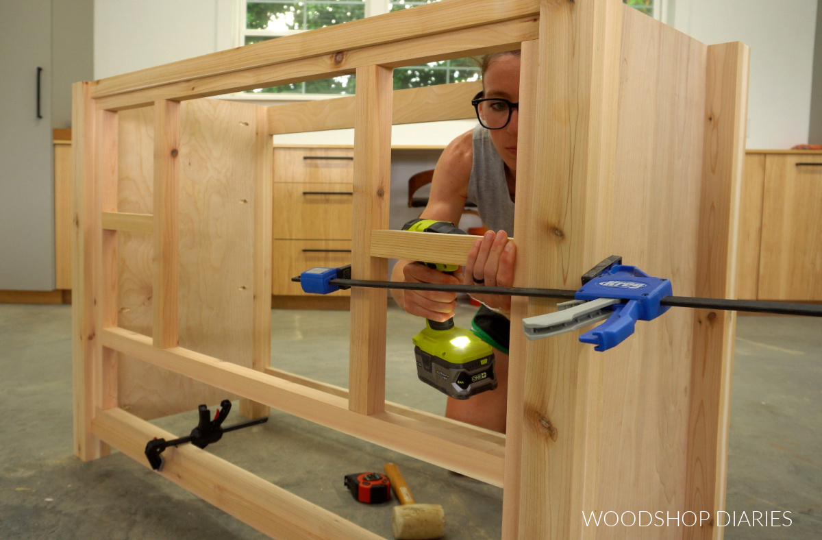 Shara Woodshop Diaries attaching drawer divider pieces into front of vanity cabinet framing