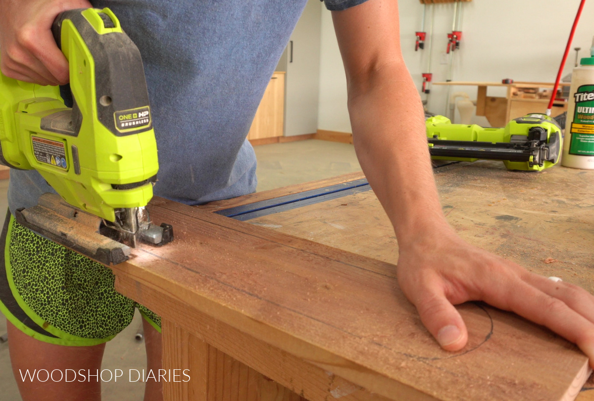 Shara Woodshop Diaries cutting arched sides of lantern from fence picket