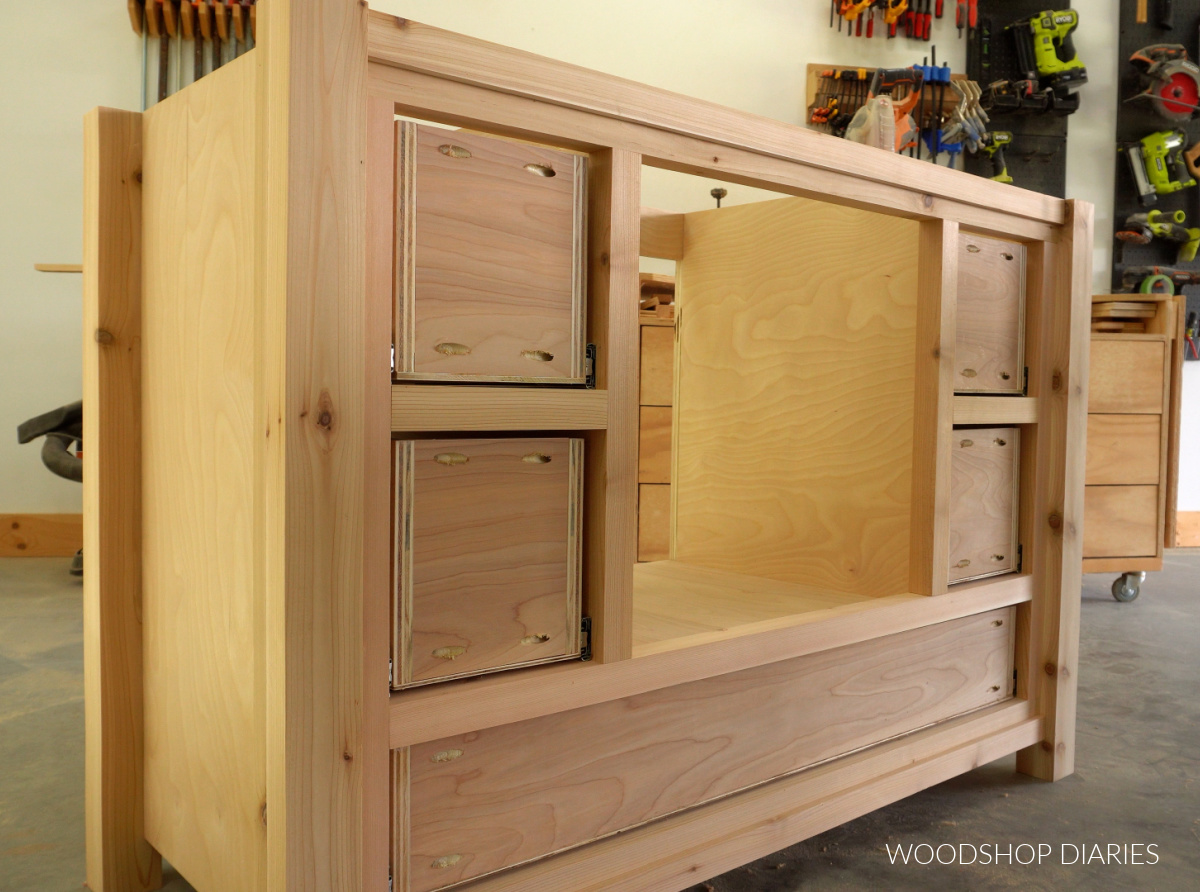 Drawers installed into bathroom vanity cabinet for single sink