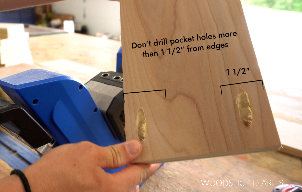 Close up of pocket holes drilled on end of drawer box board